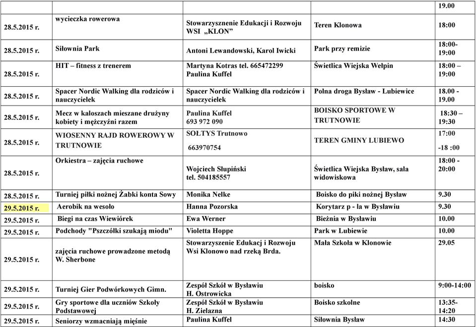 WIOSENNY RAJD ROWEROWY W TRUTNOWIE SOŁTYS Trutnowo 663970754 TEREN GMINY LUBIEWO -18 :00 Orkiestra zajęcia ruchowe Wojciech Słupiński tel.