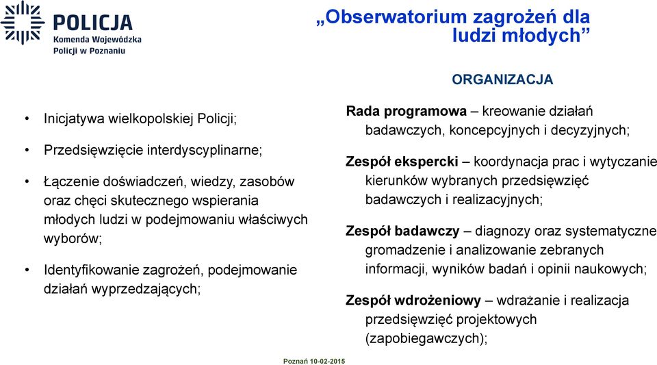 badawczych, koncepcyjnych i decyzyjnych; Zespół ekspercki koordynacja prac i wytyczanie kierunków wybranych przedsięwzięć badawczych i realizacyjnych; Zespół badawczy diagnozy