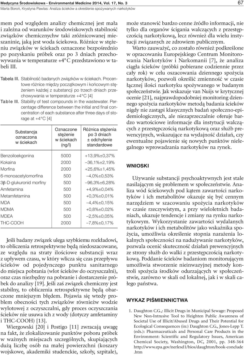Różnice w stężeniu związków w ściekach oznaczone bezpośrednio po pozyskaniu próbek oraz po 3 dniach przechowywania w temperaturze +4 C przedstawiono w tabeli III. Tabela III.