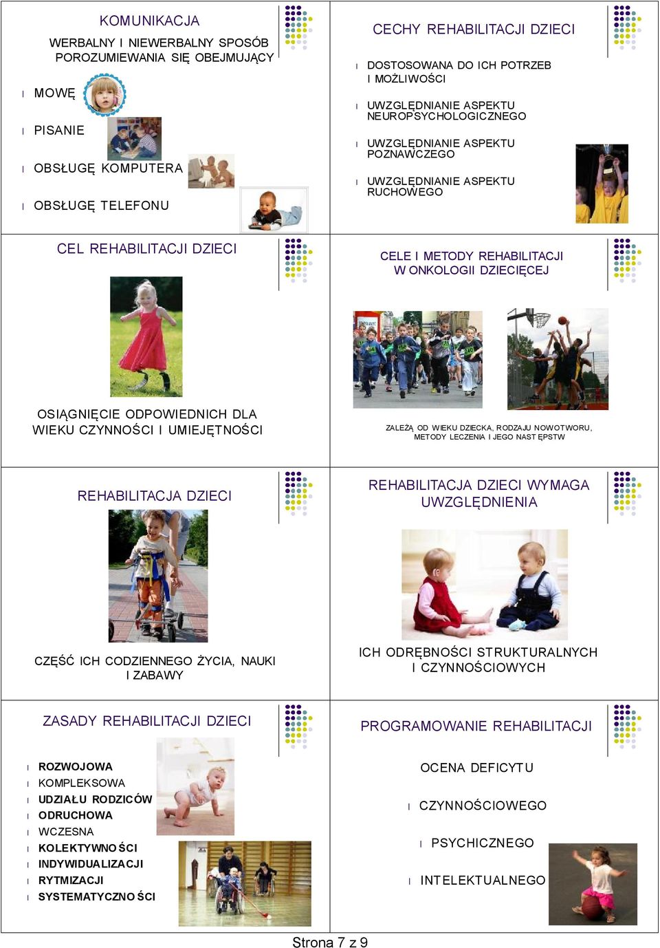 UMIEJĘTNOŚCI ZALEŻĄ OD WIEKU IECKA, ROAJU NOWOTWORU, METODY LECZENIA I JEGO NAST ĘPSTW REHABILITACJA IECI REHABILITACJA IECI WYMAGA UWZGLĘDNIENIA CZĘŚĆ ICH COIENNEGO ŻYCIA, NAUKI I ZABAWY ICH