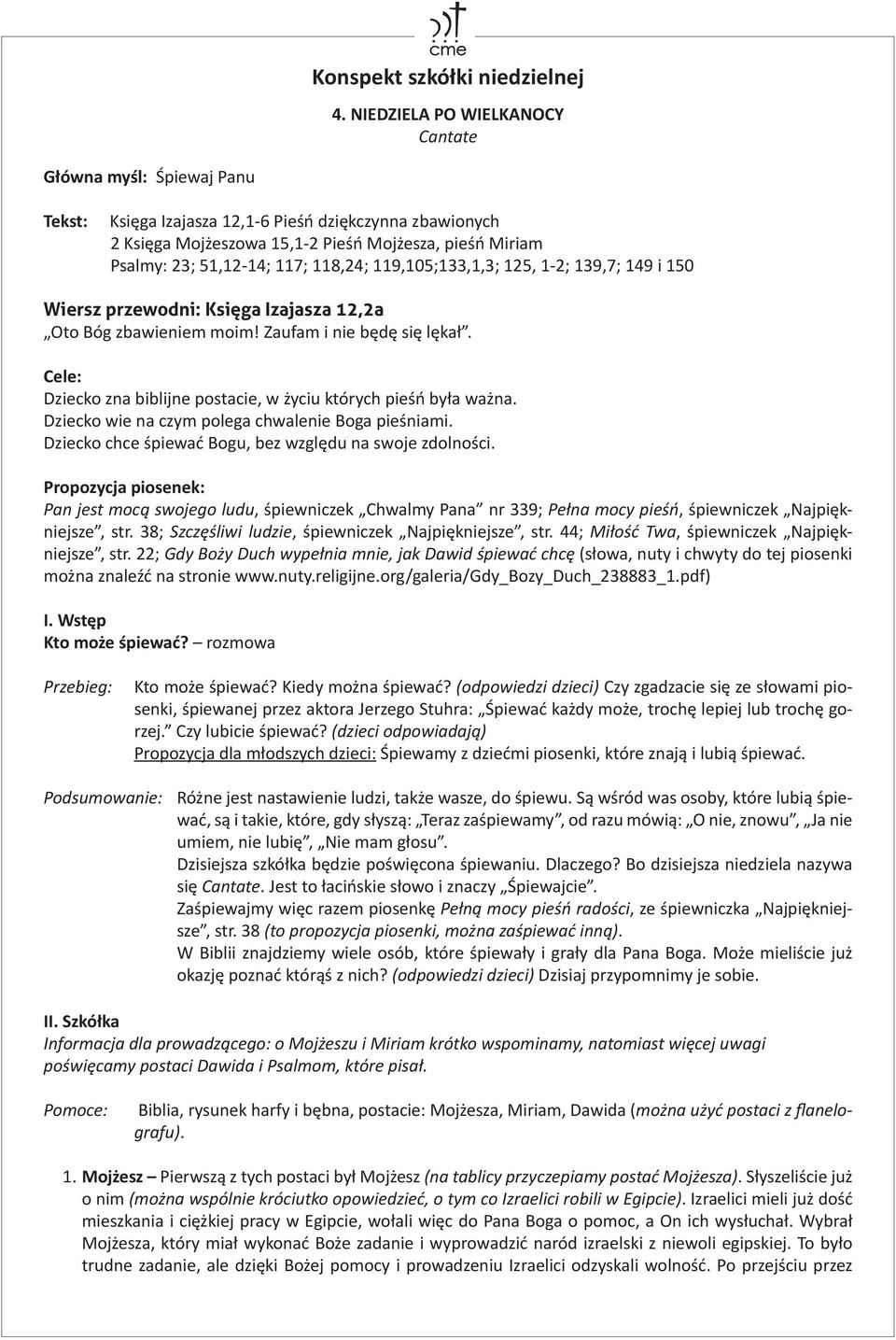 118,24; 119,105;133,1,3; 125, 1-2; 139,7; 149 i 150 Wiersz przewodni: Księga Izajasza 12,2a Oto Bóg zbawieniem moim! Zaufam i nie będę się lękał.