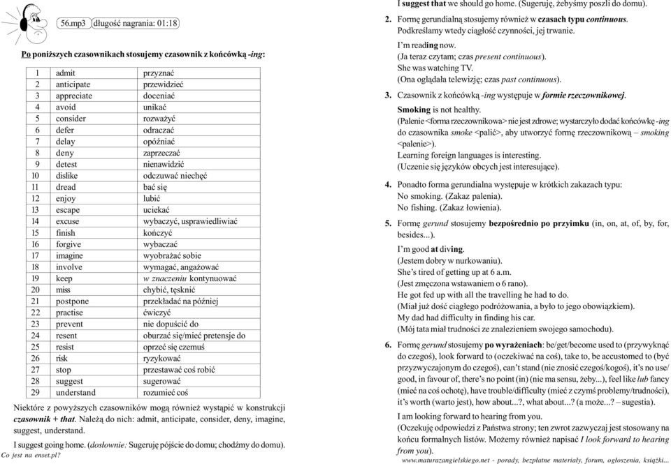 koñczyæ 16 forgive wybaczaæ 17 imagine wyobra aæ sobie 18 involve wymagaæ, anga owaæ 19 keep w znaczeniu kontynuowaæ 20 miss chybiæ, têskniæ 21 postpone przek³adaæ na póÿniej 22 practise æwiczyæ 23