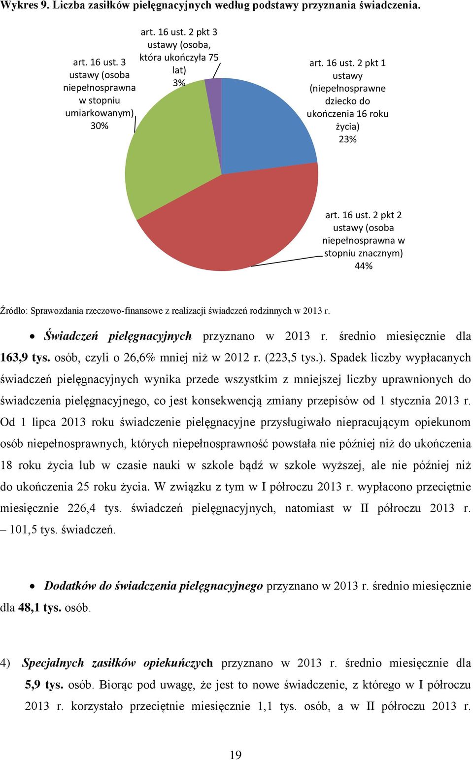2 pkt 2 ustawy (osoba niepełnosprawna w stopniu znacznym) 44% Źródło: Sprawozdania rzeczowo-finansowe z realizacji świadczeń rodzinnych w 2013 r. Świadczeń pielęgnacyjnych przyznano w 2013 r.
