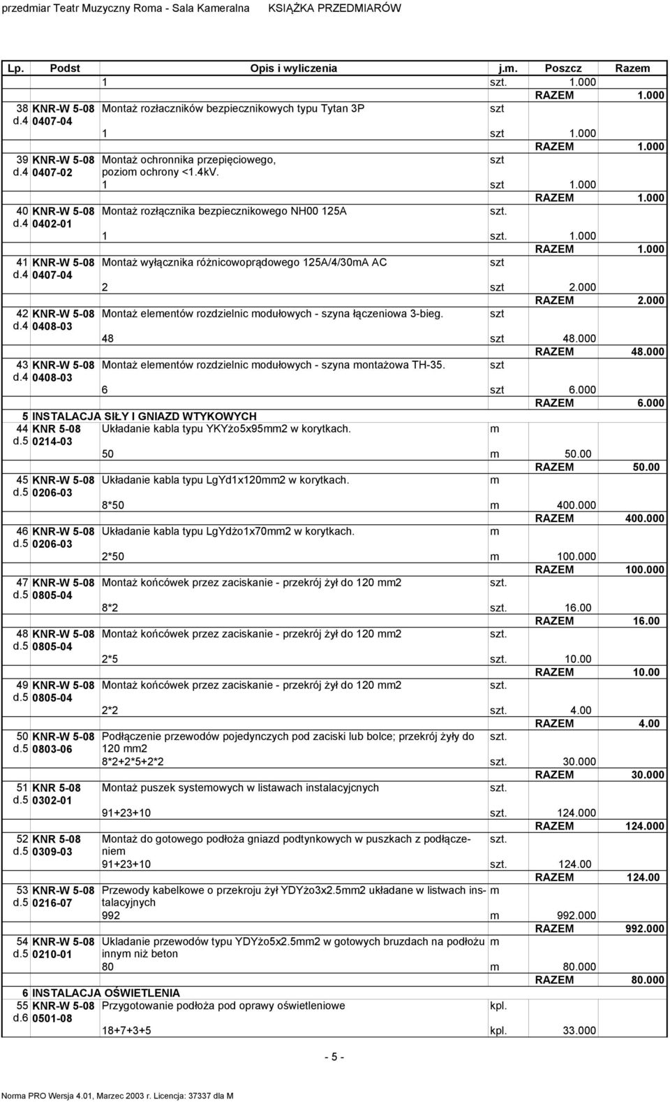 000 Montaż rozłącznika bezpiecznikowego NH00 125A. 1. 1.000 Montaż wyłącznika różnicowoprądowego 125A/4/30A AC 2 2.000 Montaż eleentów rozdzielnic odułowych - szyna łączeniowa 3-bieg. 48 48.