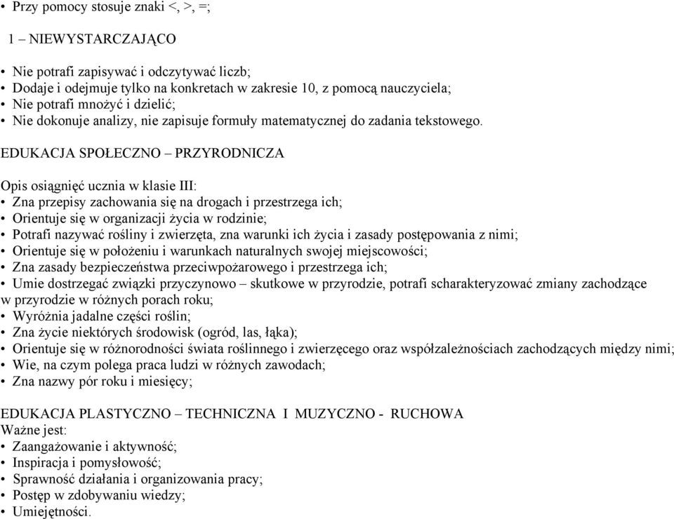 EDUKACJA SPOŁECZNO PRZYRODNICZA Opis osiągnięć ucznia w klasie III: Zna przepisy zachowania się na drogach i przestrzega ich; Orientuje się w organizacji życia w rodzinie; Potrafi nazywać rośliny i