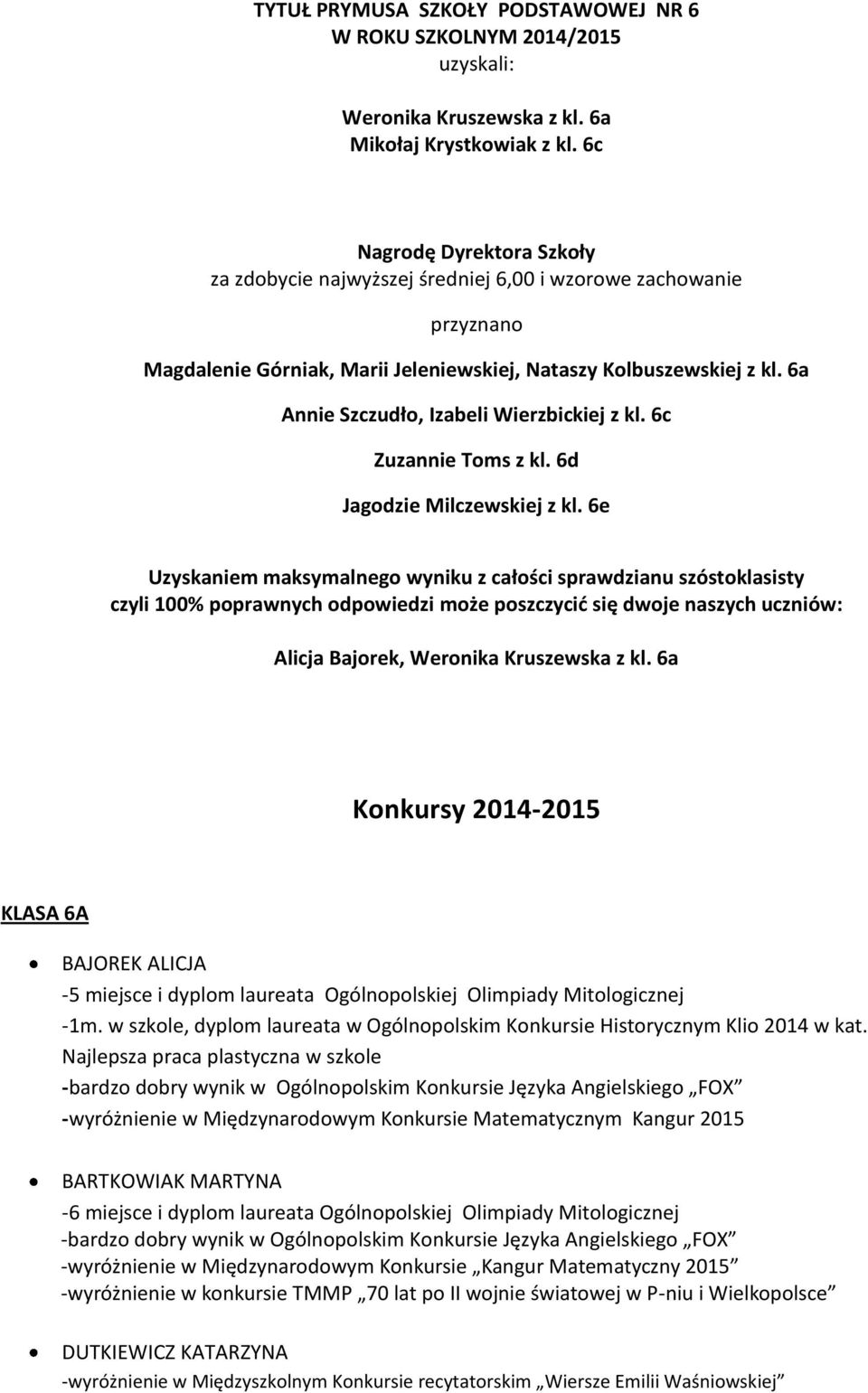 6a Annie Szczudło, Izabeli Wierzbickiej z kl. 6c Zuzannie Toms z kl. 6d Jagodzie Milczewskiej z kl.