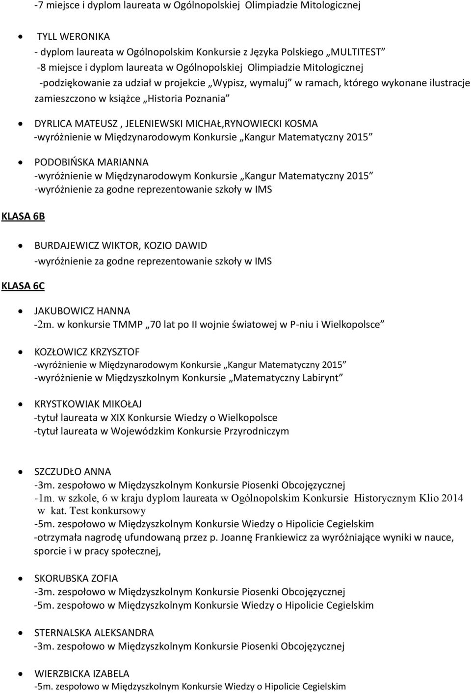 reprezentowanie szkoły w IMS BURDAJEWICZ WIKTOR, KOZIO DAWID -wyróżnienie za godne reprezentowanie szkoły w IMS JAKUBOWICZ HANNA -2m.