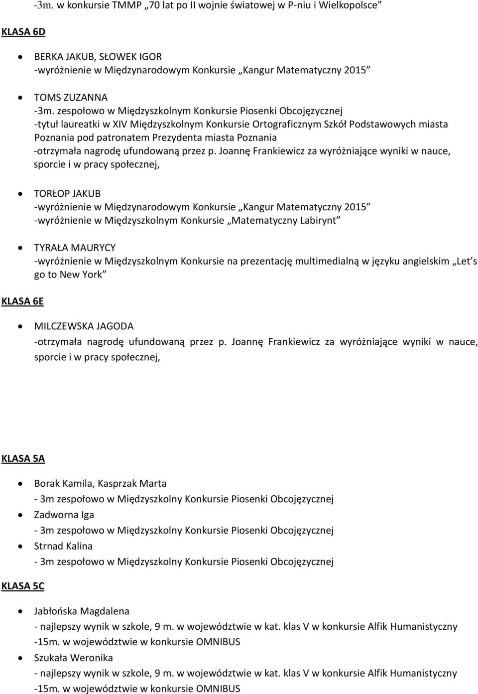 Poznania pod patronatem Prezydenta miasta Poznania KLASA 6E TORŁOP JAKUB -wyróżnienie w Międzyszkolnym Konkursie Matematyczny Labirynt TYRAŁA MAURYCY -wyróżnienie w Międzyszkolnym Konkursie na