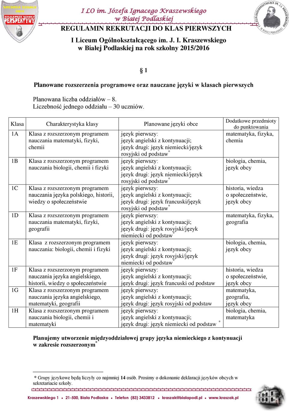 Klasa Charakterystyka klasy Planowane języki obce 1A 1B 1C 1D 1E 1F 1G 1H nauczania matematyki, fizyki, chemii nauczania biologii, chemii i fizyki nauczania języka polskiego, historii, wiedzy o