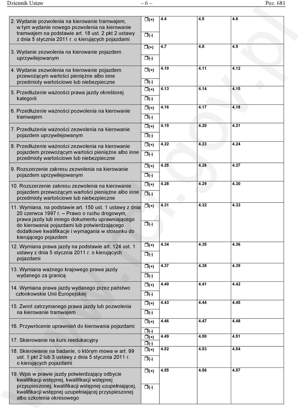 Wydanie zezwolenia na kierowanie pojazdem przewożącym wartości pieniężne albo inne przedmioty wartościowe lub niebezpieczne 5. Przedłużenie ważności prawa jazdy określonej kategorii 6.