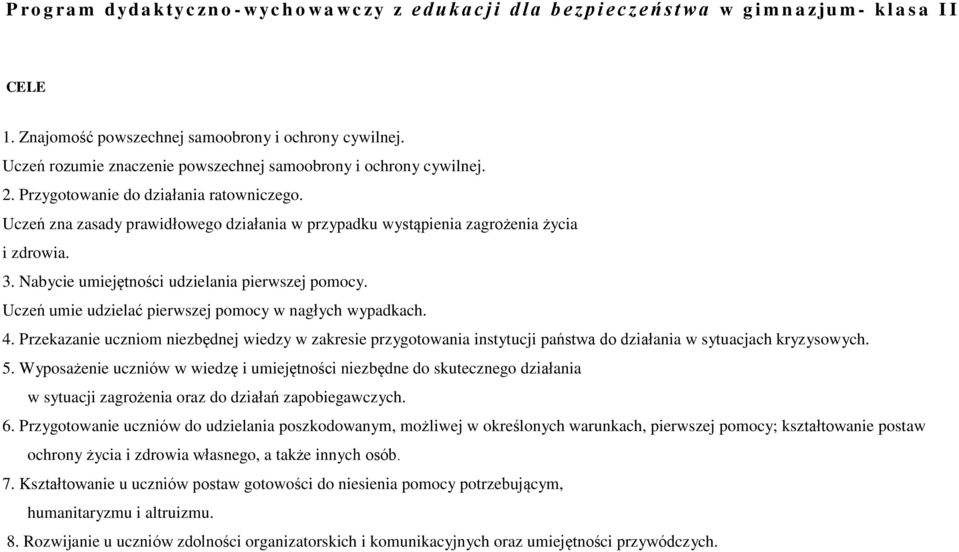 Uczeń zna zasady prawidłowego działania w przypadku wystąpienia zagrożenia życia i zdrowia. 3. Nabycie umiejętności udzielania pierwszej pomocy.