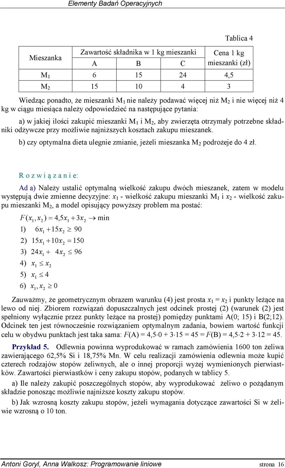 b) czy optymalna dieta ulegnie zmianie, eżeli mieszanka M podrożee do zł.