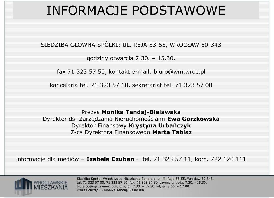 71 323 57 00 Prezes Monika Tendaj-Bielawska Dyrektor ds.