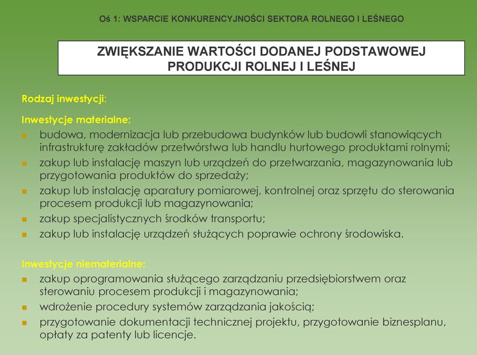 przygotowania produktów do sprzedaży; zakup lub instalację aparatury pomiarowej, kontrolnej oraz sprzętu do sterowania procesem produkcji lub magazynowania; zakup specjalistycznych środków