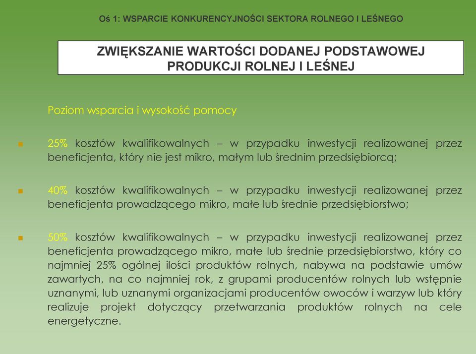 mikro, małe lub średnie przedsiębiorstwo; 50% kosztów kwalifikowalnych w przypadku inwestycji realizowanej przez beneficjenta prowadzącego mikro, małe lub średnie przedsiębiorstwo, który co najmniej