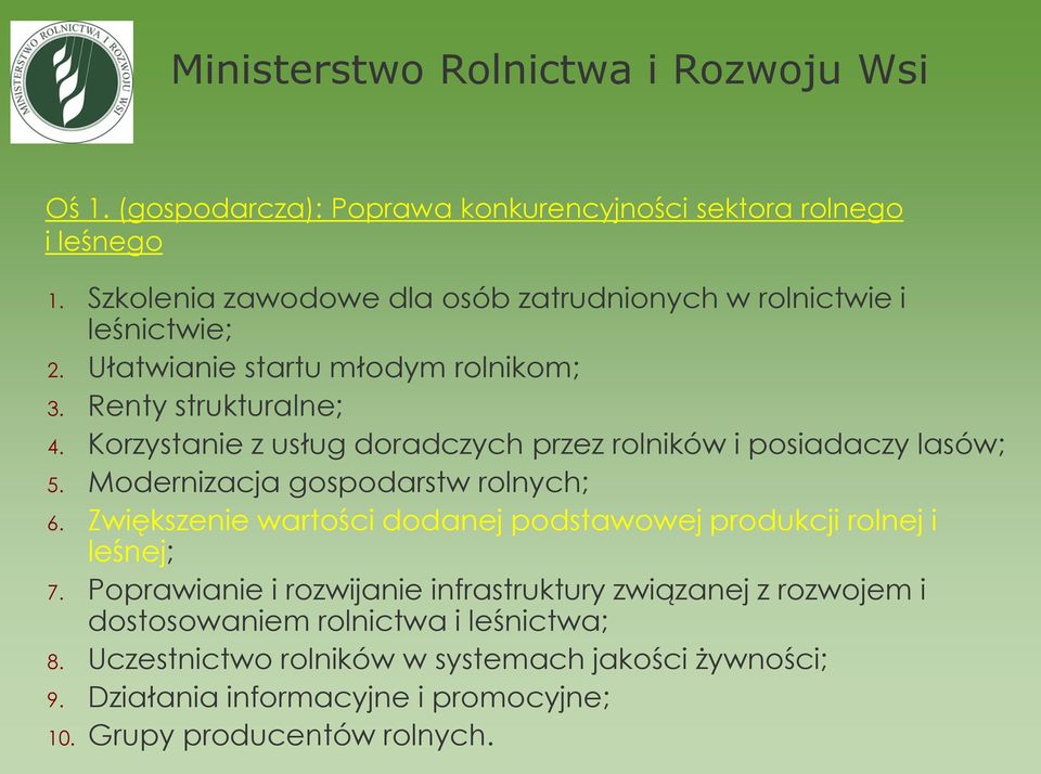 Korzystanie z usług doradczych przez rolników i posiadaczy lasów; 5. Modernizacja gospodarstw rolnych; 6.