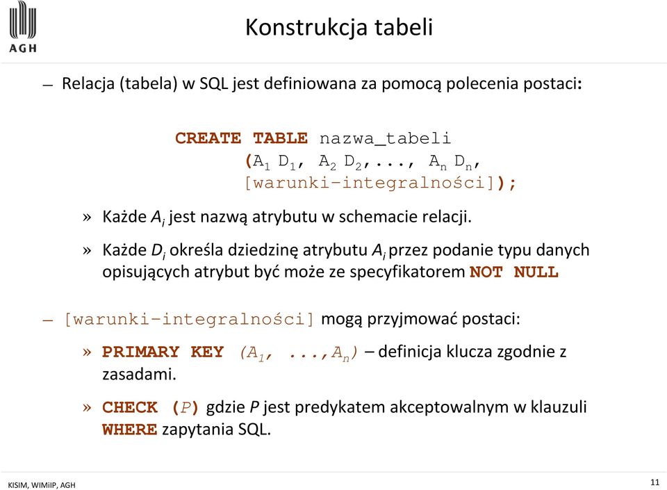 » Każde D i określa dziedzinęatrybutu A i przez podanie typu danych opisujących atrybut być może ze specyfikatorem NOT NULL
