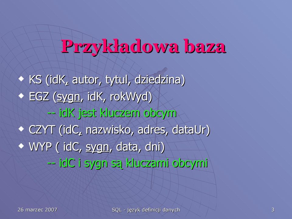 nazwisko, adres, dataur) WYP ( idc, sygn,, data, dni) -- idc i