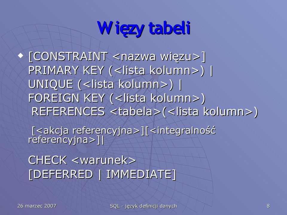 <tabela>(<lista kolumn>) [<akcja referencyjna>][<integralność