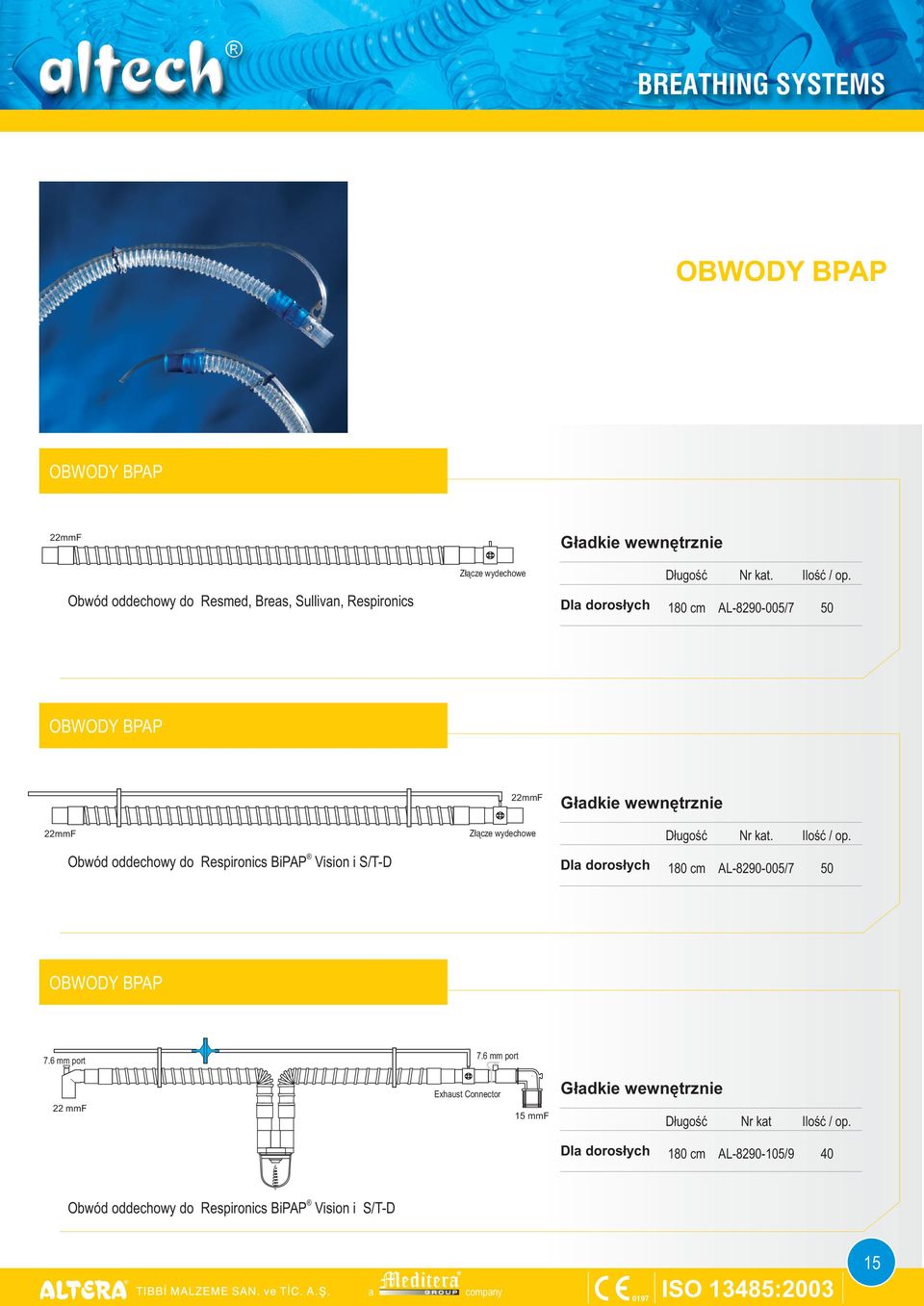 Respironics BiPAP Vision i S/T-D AL-8 290-005/7 OBWODY BPAP 7.6 mm port 7.
