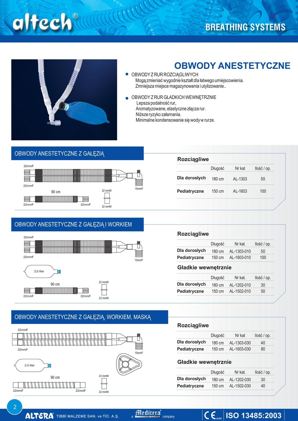 OBWODY ANESTETYCZNE Z GAŁĘZIĄ Rozciągliwe Nr kt AL-1303 90 cm 15mmF Peditryczne 1 cm AL-1603 100 OBWODY ANESTETYCZNE Z GAŁĘZIĄ I WORKIEM 2,0 liter 90 cm 15mmF Rozciągliwe AL-1303-010