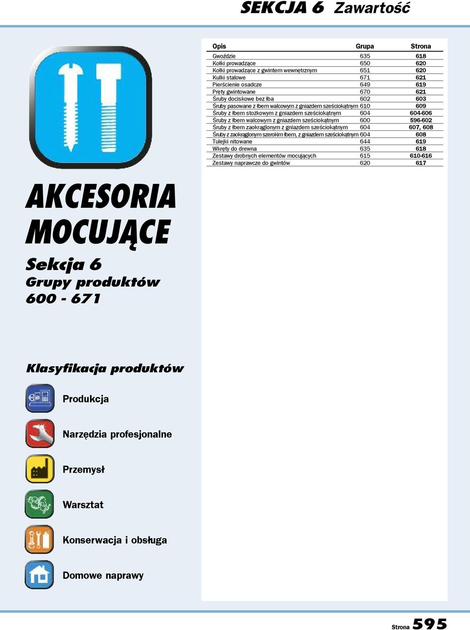 sześciokątnym 600 596602 Śruby z łbem zaokrąglonym z gniazdem sześciokątnym 604 607, 608 Śruby z zaokrąglonym szerokim łbem, z gniazdem sześciokątnym 604 608 Tulejki nitowane 644 619 Wkręty do drewna