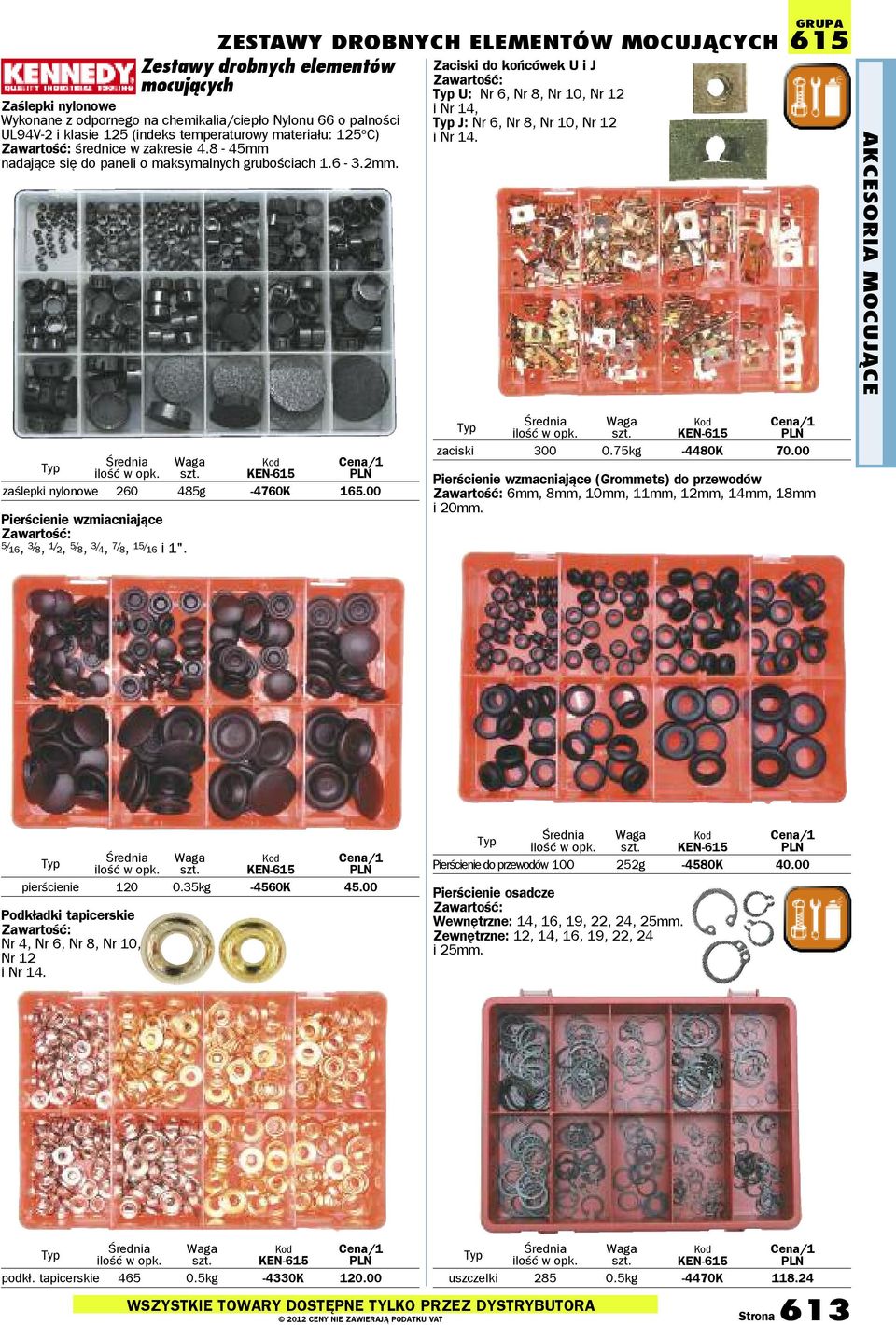Zaciski do końcówek U i J U: Nr 6, Nr 8, Nr 10, Nr 12 i Nr 14, J: Nr 6, Nr 8, Nr 10, Nr 12 i Nr 14. 615 akcesoria mocujące KEN615 zaślepki nylonowe 260 485g 4760K 165.