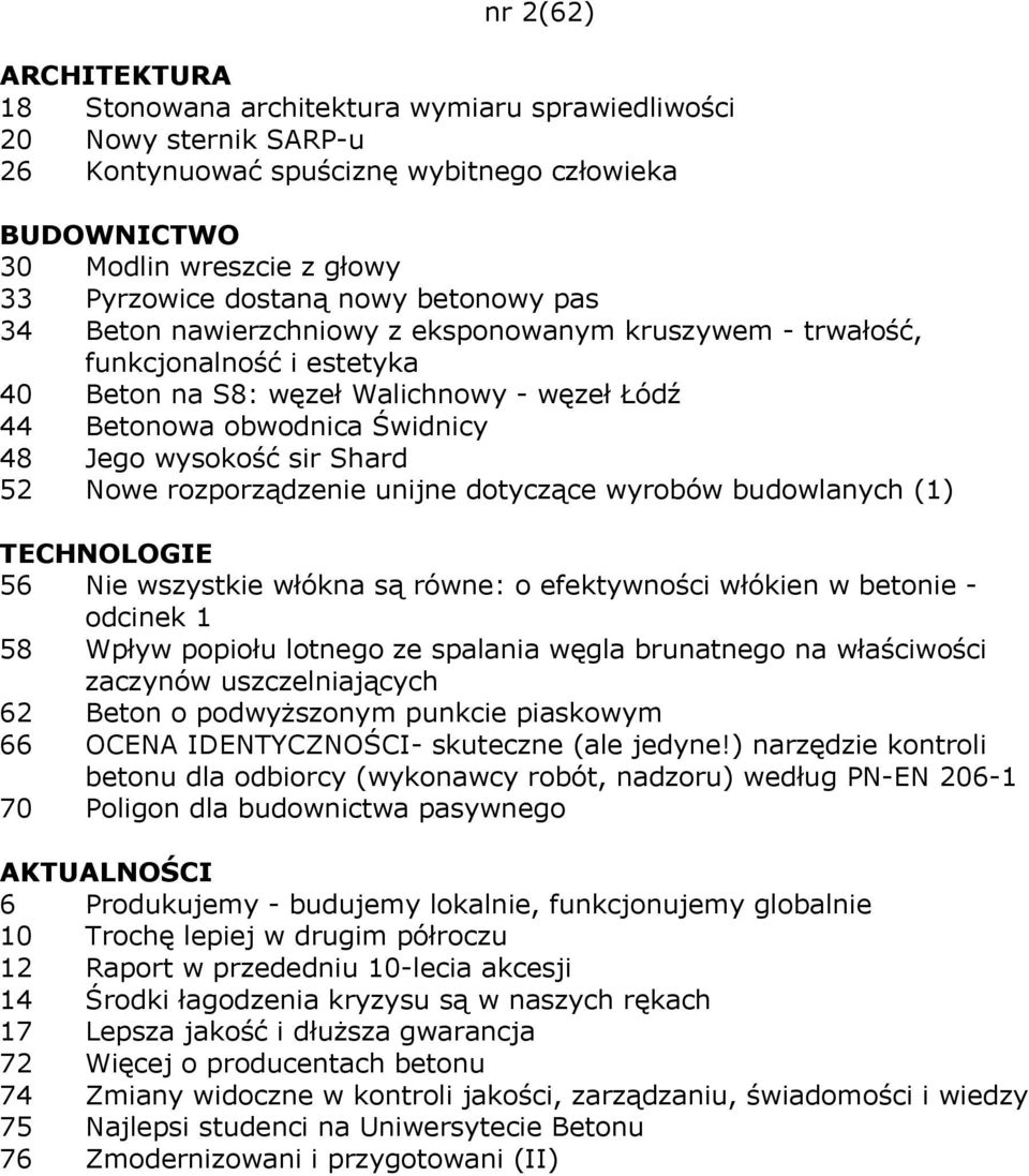 sir Shard 52 Nowe rozporządzenie unijne dotyczące wyrobów budowlanych (1) TECHNOLOGIE 56 Nie wszystkie włókna są równe: o efektywności włókien w betonie - odcinek 1 58 Wpływ popiołu lotnego ze