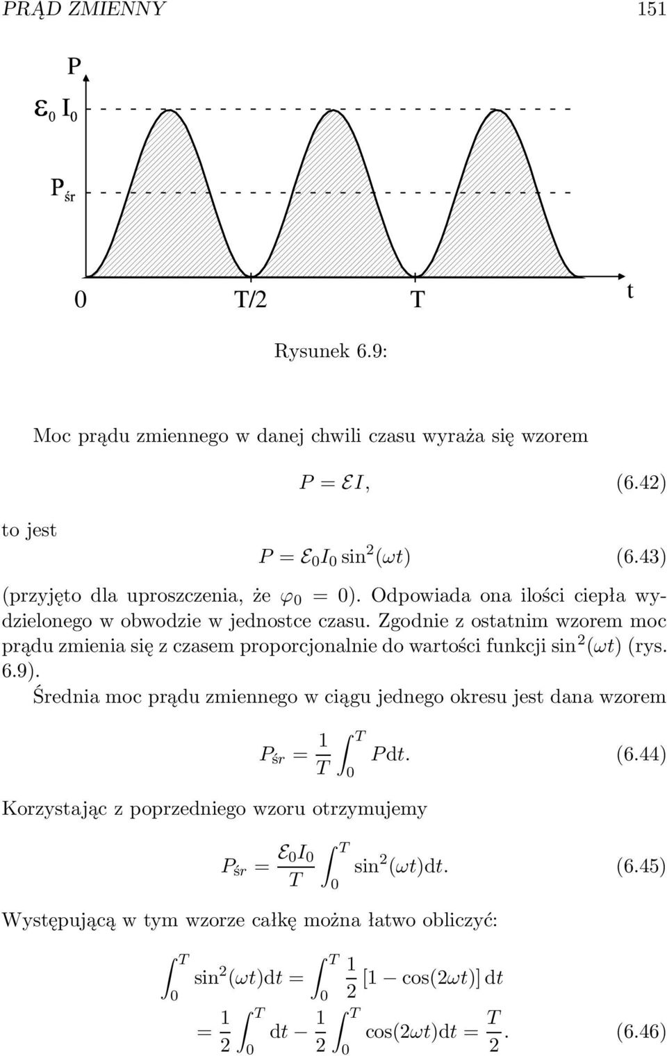 Zgodnie z ostatnim wzorem moc prądu zmienia się z czasem proporcjonalnie do wartości funkcji sin 2 (ωt) (rys. 6.9).
