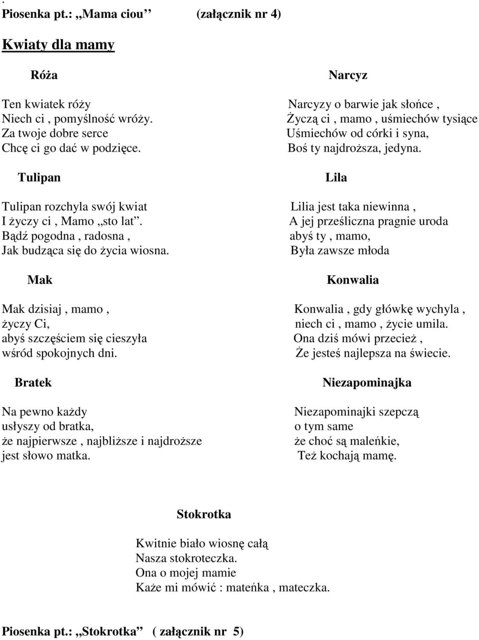 Tulipan Lila Tulipan rozchyla swój kwiat Lilia jest taka niewinna, I życzy ci, Mamo sto lat. A jej prześliczna pragnie uroda Bądź pogodna, radosna, abyś ty, mamo, Jak budząca się do życia wiosna.