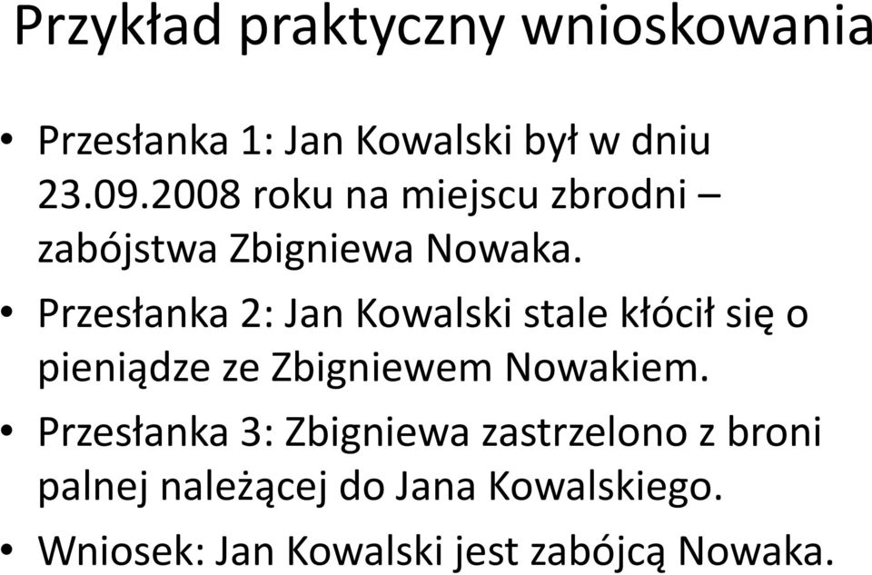 Przesłanka 2: Jan Kowalski stale kłócił się o pieniądze ze Zbigniewem Nowakiem.