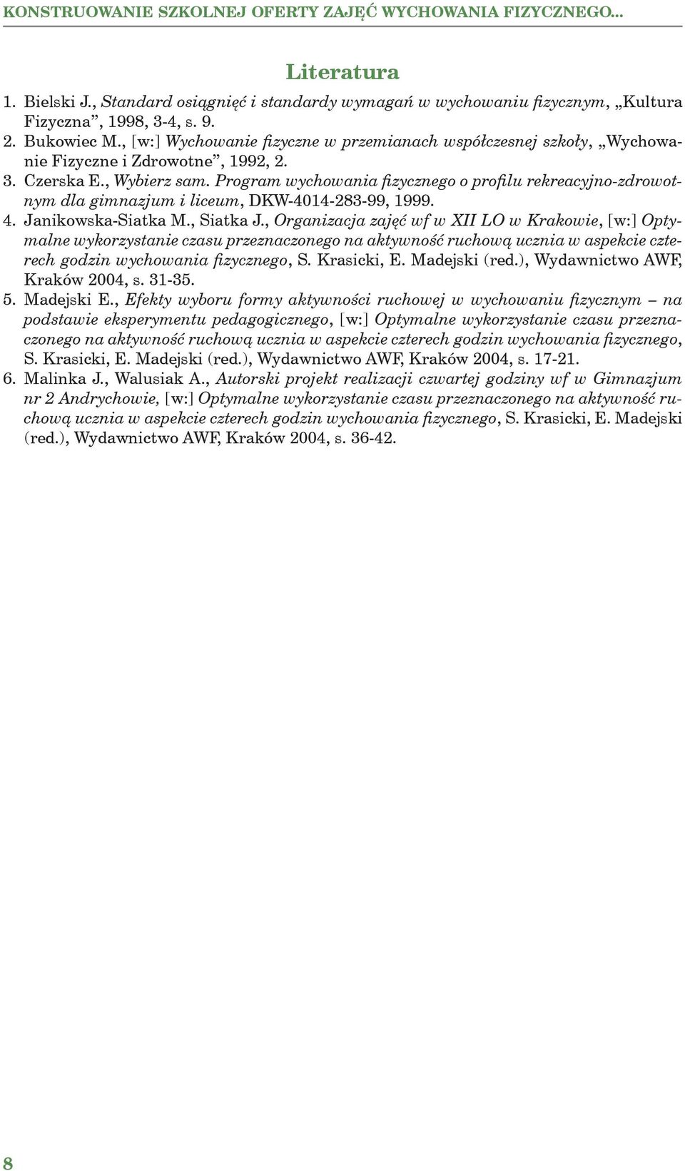 Program wychowania fizycznego o profilu rekreacyjno-zdrowotnym dla gimnazjum i liceum, DKW-4014-283-99, 1999. 4. Janikowska-Siatka M., Siatka J.