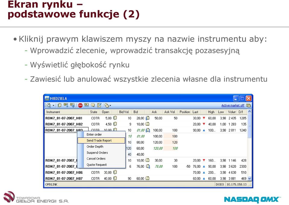 wprowadzić transakcję pozasesyjną - Wyświetlić głębokość