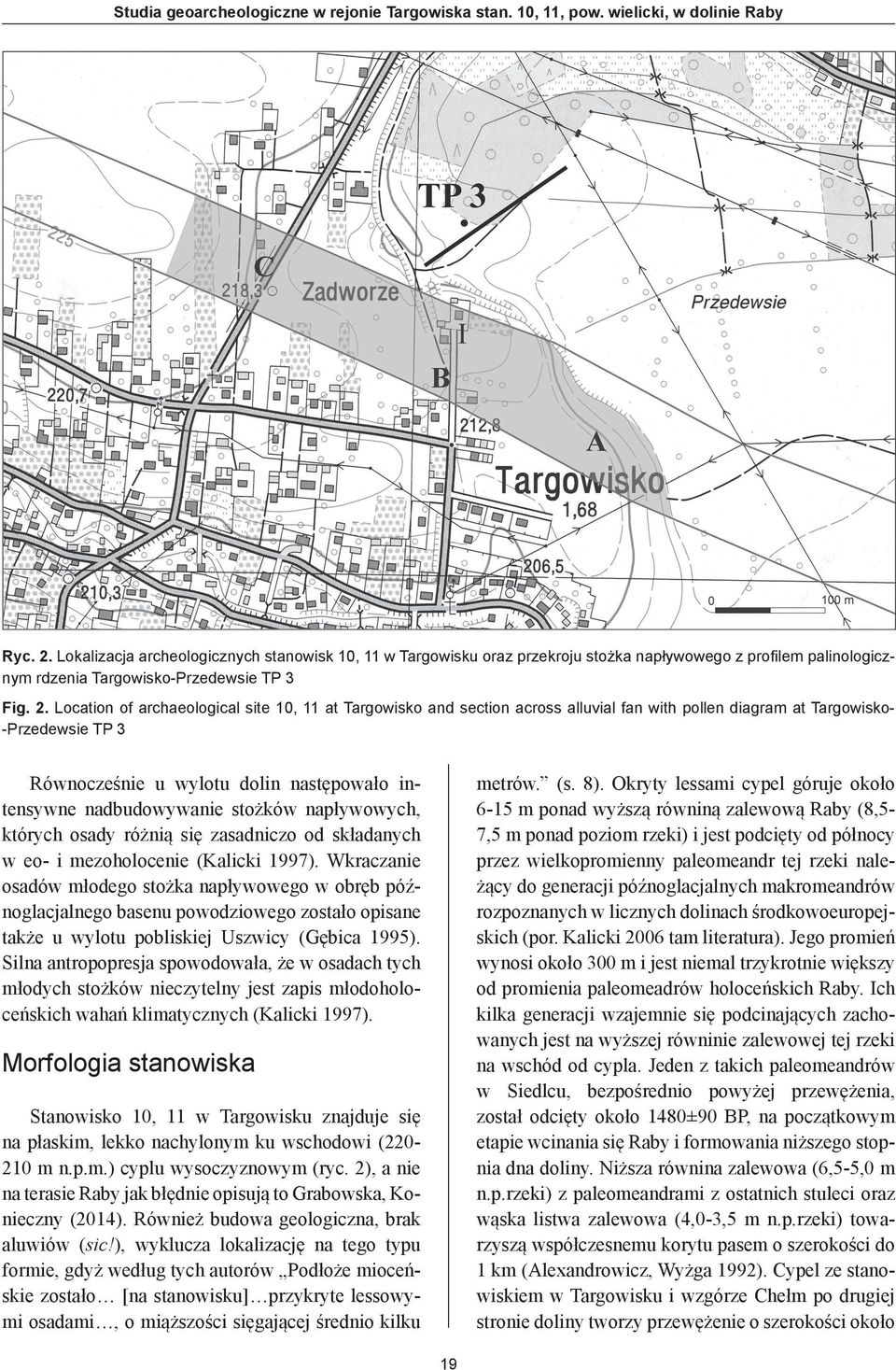Location of archaeological site 10, 11 at Targowisko and section across alluvial fan with pollen diagram at Targowisko- -Przedewsie TP 3 Równocześnie u wylotu dolin następowało intensywne