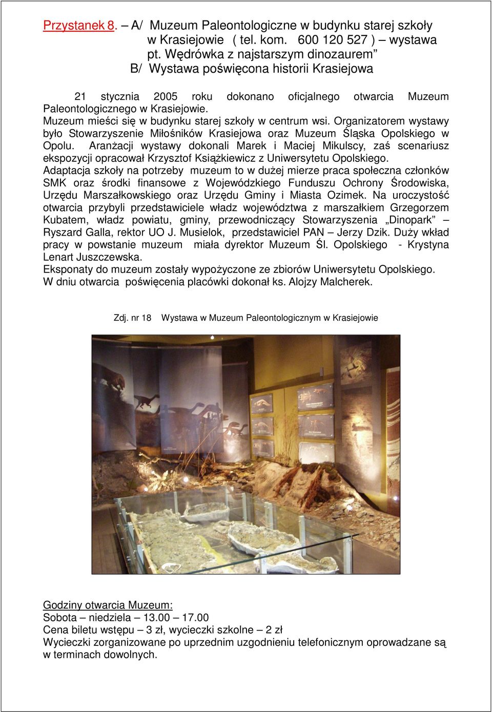 Muzeum mieści się w budynku starej szkoły w centrum wsi. Organizatorem wystawy było Stowarzyszenie Miłośników Krasiejowa oraz Muzeum Śląska Opolskiego w Opolu.