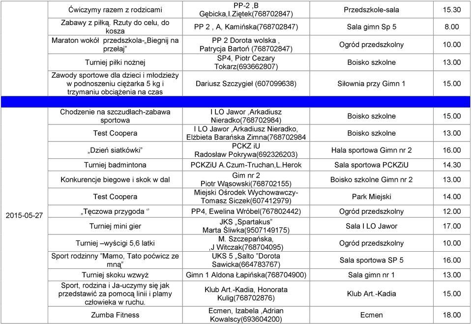 Gębicka,I.Ziętek(768702847) Przedszkole-sala 15.30 PP 2, A, Kamińska(768702847) Sala gimn Sp 5 8.