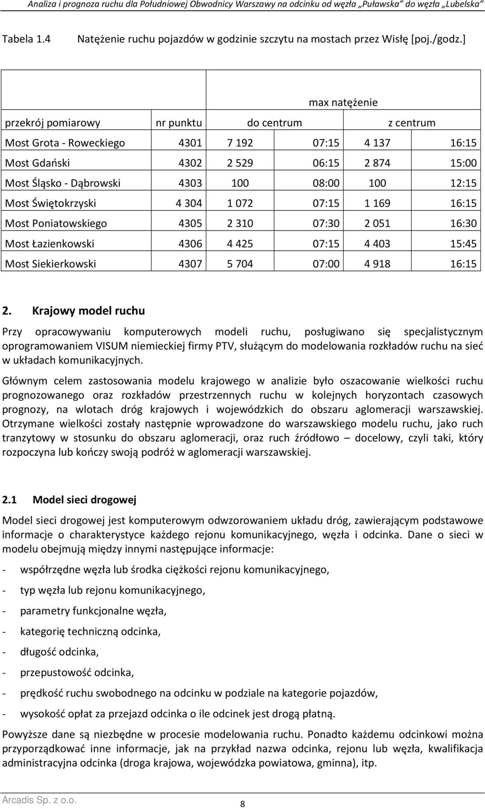12:15 Most Świętokrzyski 4304 1072 07:15 1169 16:15 Most Poniatowskiego 4305 2310 07:30 2051 16:30 Most Łazienkowski 4306 4425 07:15 4403 15:45 Most Siekierkowski 4307 5704 07:00 4918 16:15 2.
