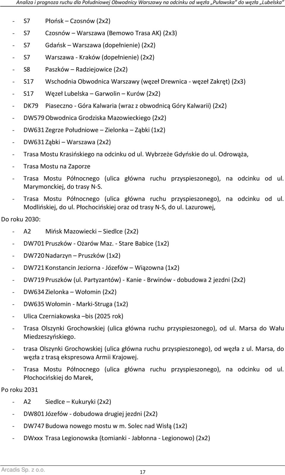 Grodziska Mazowieckiego (2x2) - DW631 Zegrze Południowe Zielonka Ząbki (1x2) - DW631 Ząbki Warszawa (2x2) - Trasa Mostu Krasińskiego na odcinku od ul. Wybrzeże Gdyńskie do ul.