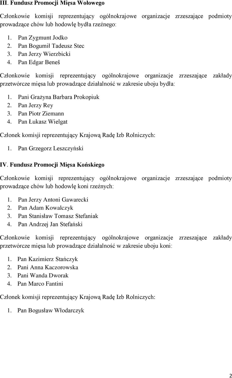 Pan Grzegorz Leszczyński IV. Fundusz Promocji Mięsa Końskiego prowadzące chów lub hodowlę koni rzeźnych: 1. Pan Jerzy Antoni Gawarecki 2. Pan Adam Kowalczyk 3.