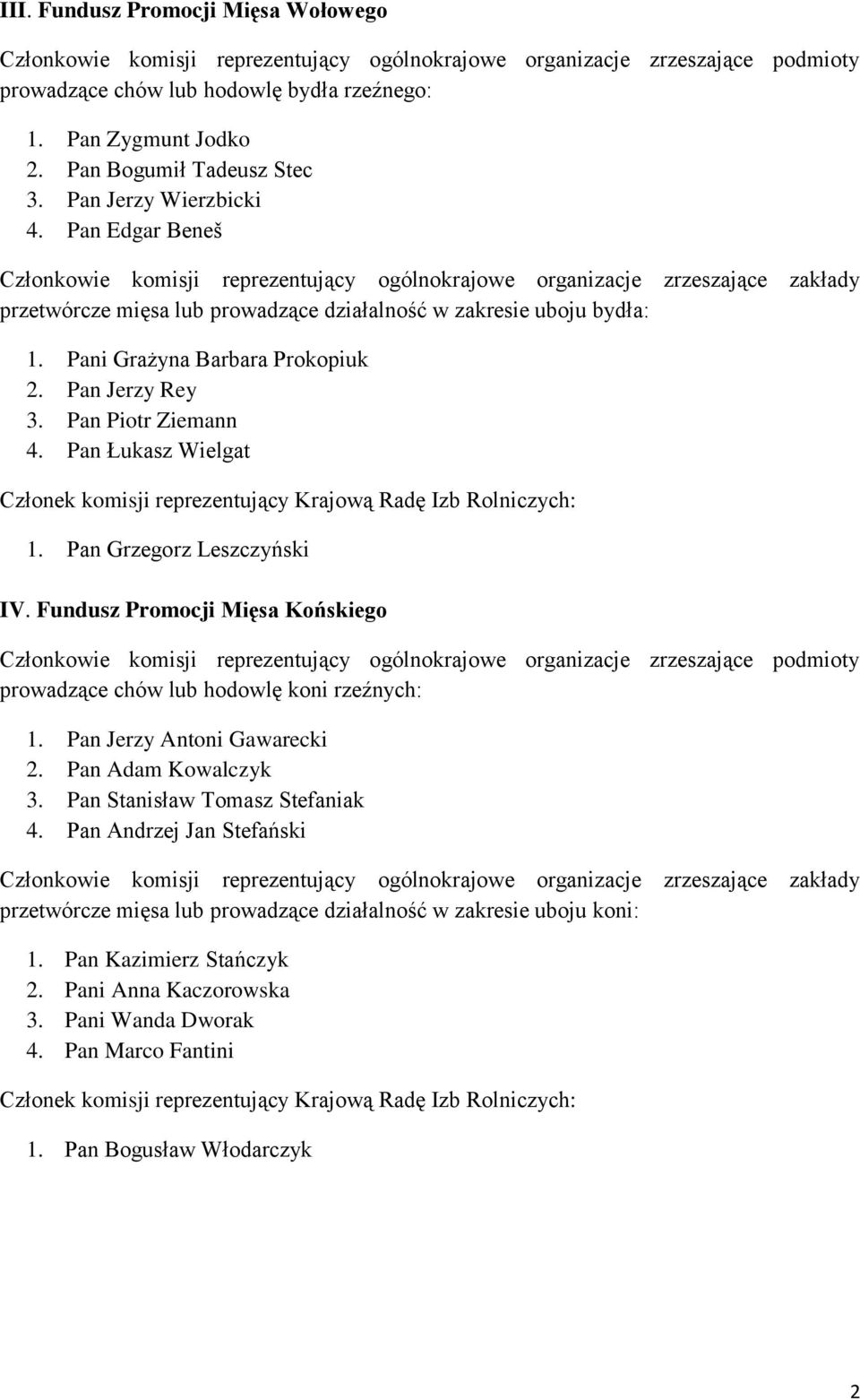 Pan Grzegorz Leszczyński IV. Fundusz Promocji Mięsa Końskiego prowadzące chów lub hodowlę koni rzeźnych: 1. Pan Jerzy Antoni Gawarecki 2. Pan Adam Kowalczyk 3.