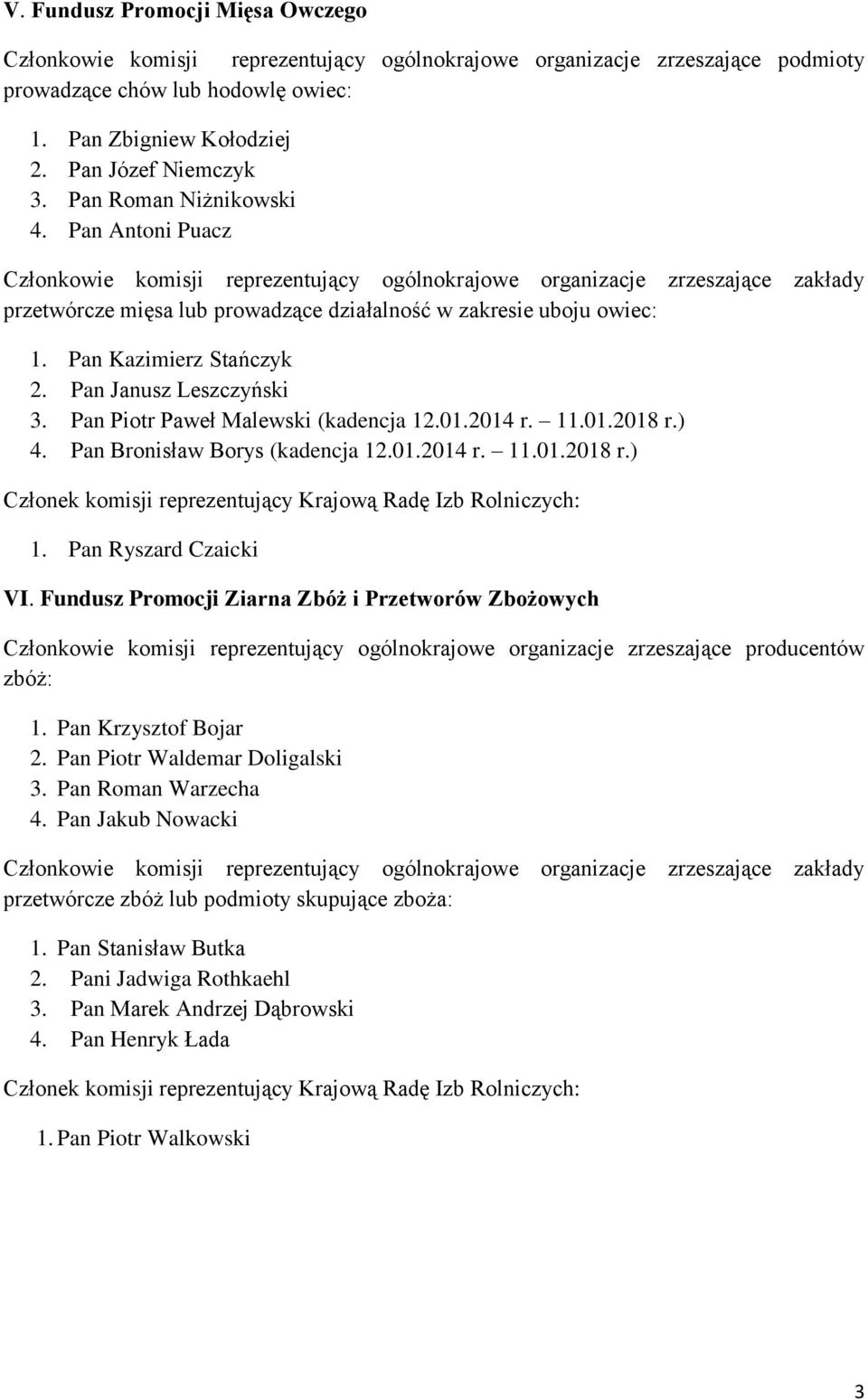 ) 4. Pan Bronisław Borys (kadencja 12.01.2014 r. 11.01.2018 r.) 1. Pan Ryszard Czaicki VI.