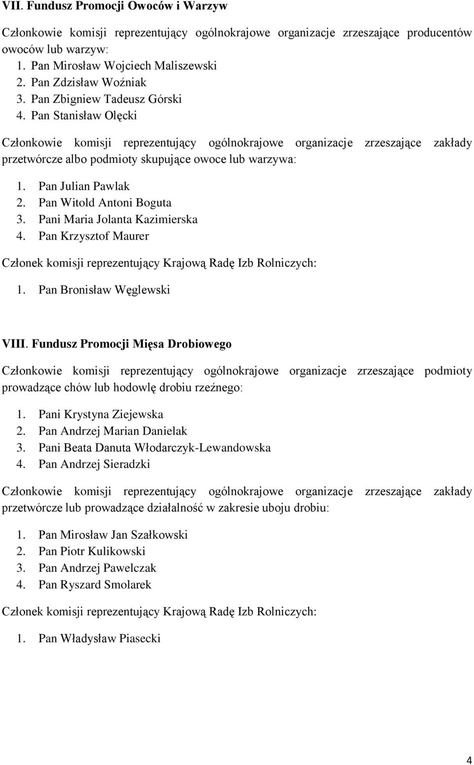 Pani Maria Jolanta Kazimierska 4. Pan Krzysztof Maurer 1. Pan Bronisław Węglewski VIII. Fundusz Promocji Mięsa Drobiowego prowadzące chów lub hodowlę drobiu rzeźnego: 1. Pani Krystyna Ziejewska 2.