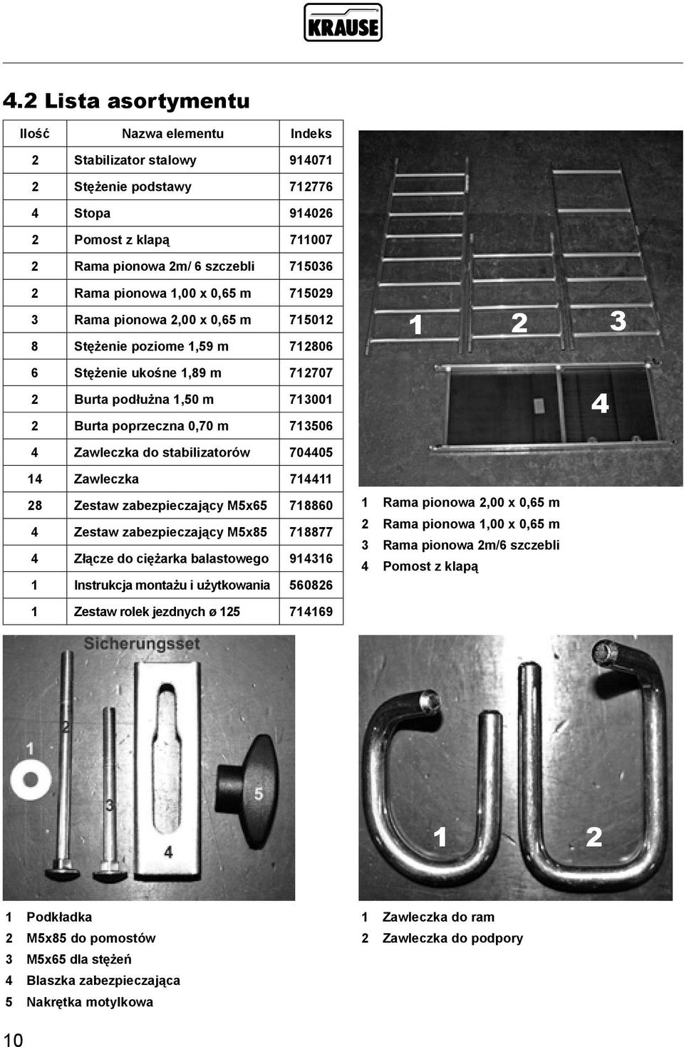 do stabilizatorów 704405 1 2 3 4 14 Zawleczka 714411 28 Zestaw zabezpieczający M5x65 718860 4 Zestaw zabezpieczający M5x85 718877 4 Złącze do ciężarka balastowego 914316 1 Instrukcja montażu i