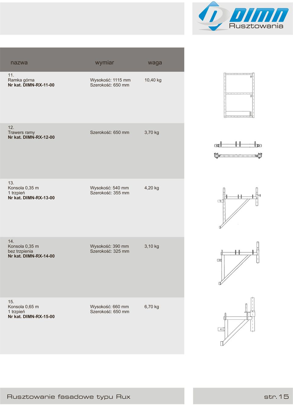 DIMN-RX-13-00 Wysokość: 540 mm Szerokość: 355 mm 4,20 kg 14. Konsola 0,35 m bez trzpienia Nr kat.