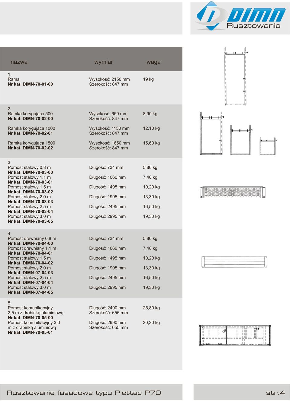 DIMN-70-03-00 Pomost stalowy 1,1 m Nr kat. DIMN-70-03-01 Pomost stalowy 1,5 m Nr kat. DIMN-70-03-02 Pomost stalowy 2,0 m Nr kat. DIMN-70-03-03 Pomost stalowy 2,5 m Nr kat.