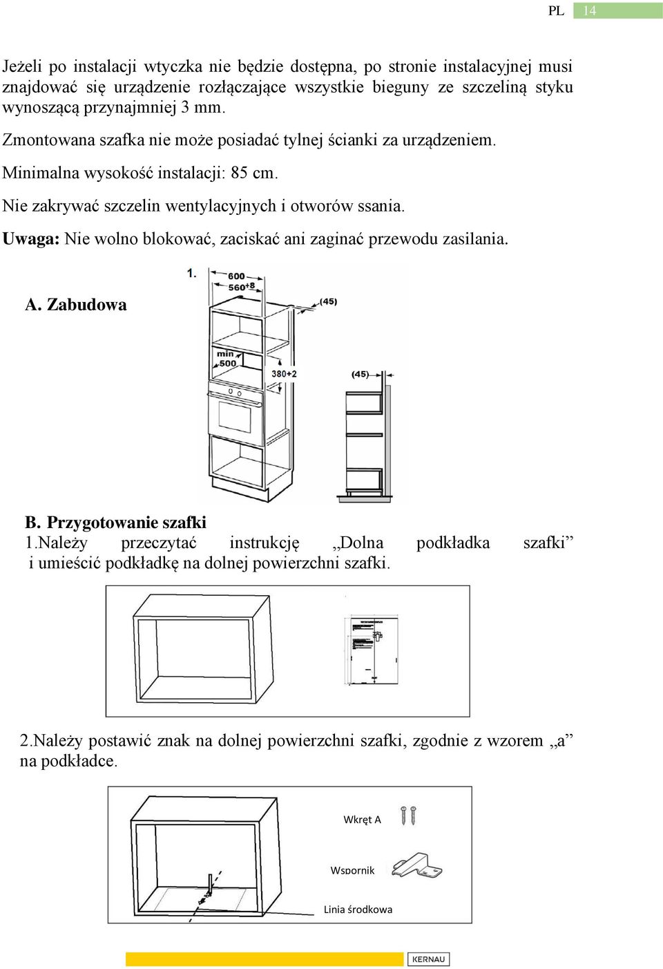 Nie zakrywać szczelin wentylacyjnych i otworów ssania. Uwaga: Nie wolno blokować, zaciskać ani zaginać przewodu zasilania. A. Zabudowa B. Przygotowanie szafki 1.