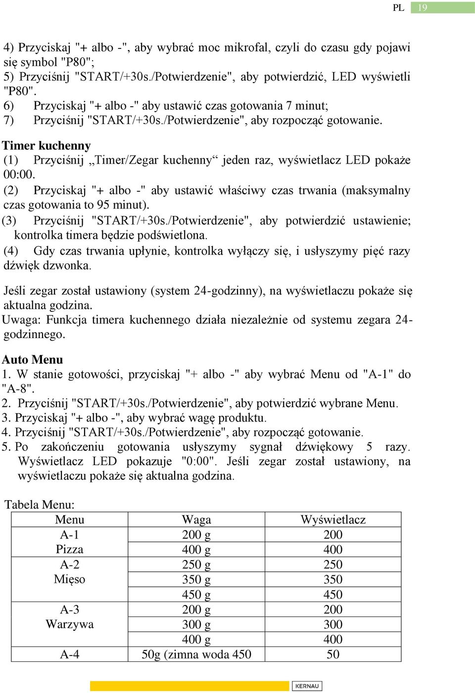 Timer kuchenny (1) Przyciśnij Timer/Zegar kuchenny jeden raz, wyświetlacz LED pokaże 00:00. (2) Przyciskaj "+ albo -" aby ustawić właściwy czas trwania (maksymalny czas gotowania to 95 minut).