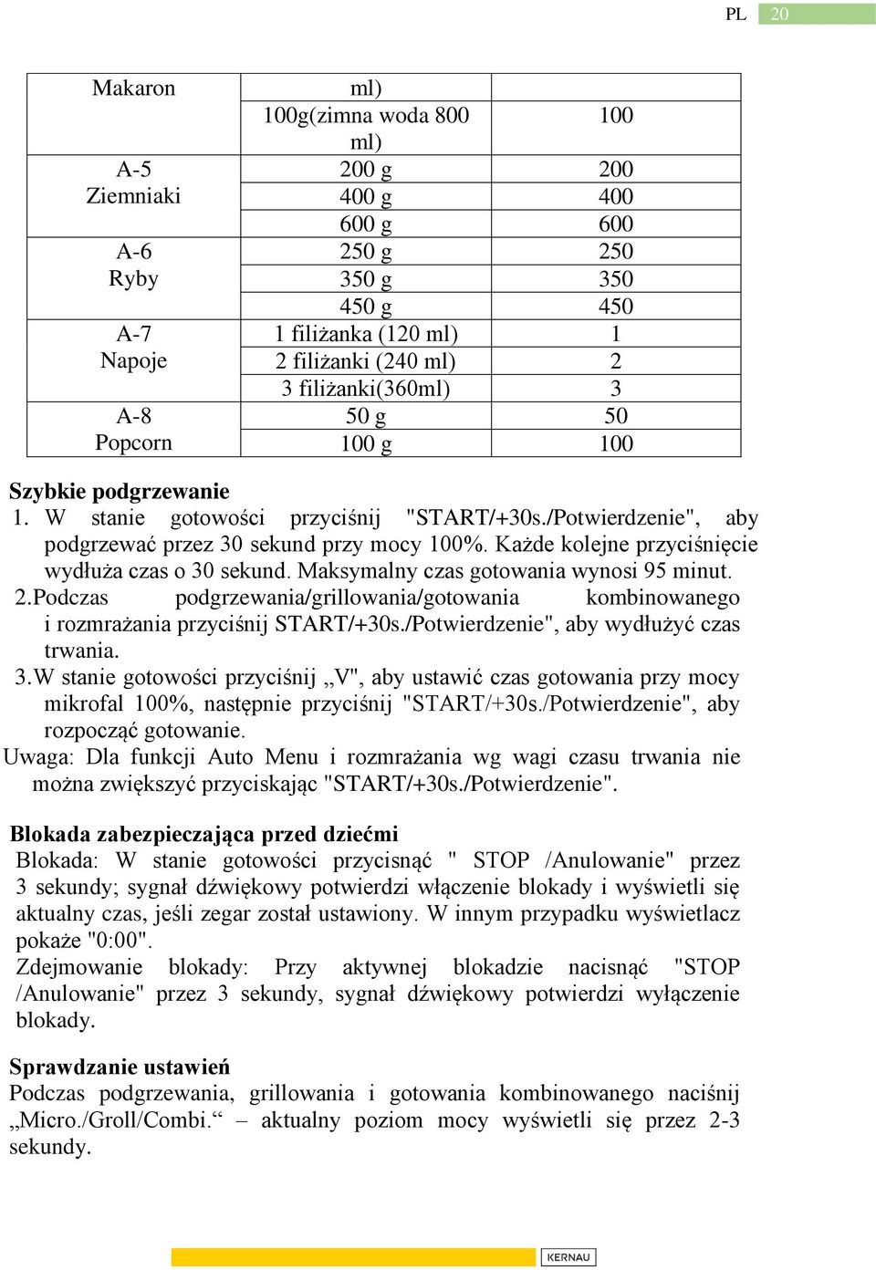 Każde kolejne przyciśnięcie wydłuża czas o 30 sekund. Maksymalny czas gotowania wynosi 95 minut. 2. Podczas podgrzewania/grillowania/gotowania kombinowanego i rozmrażania przyciśnij START/+30s.