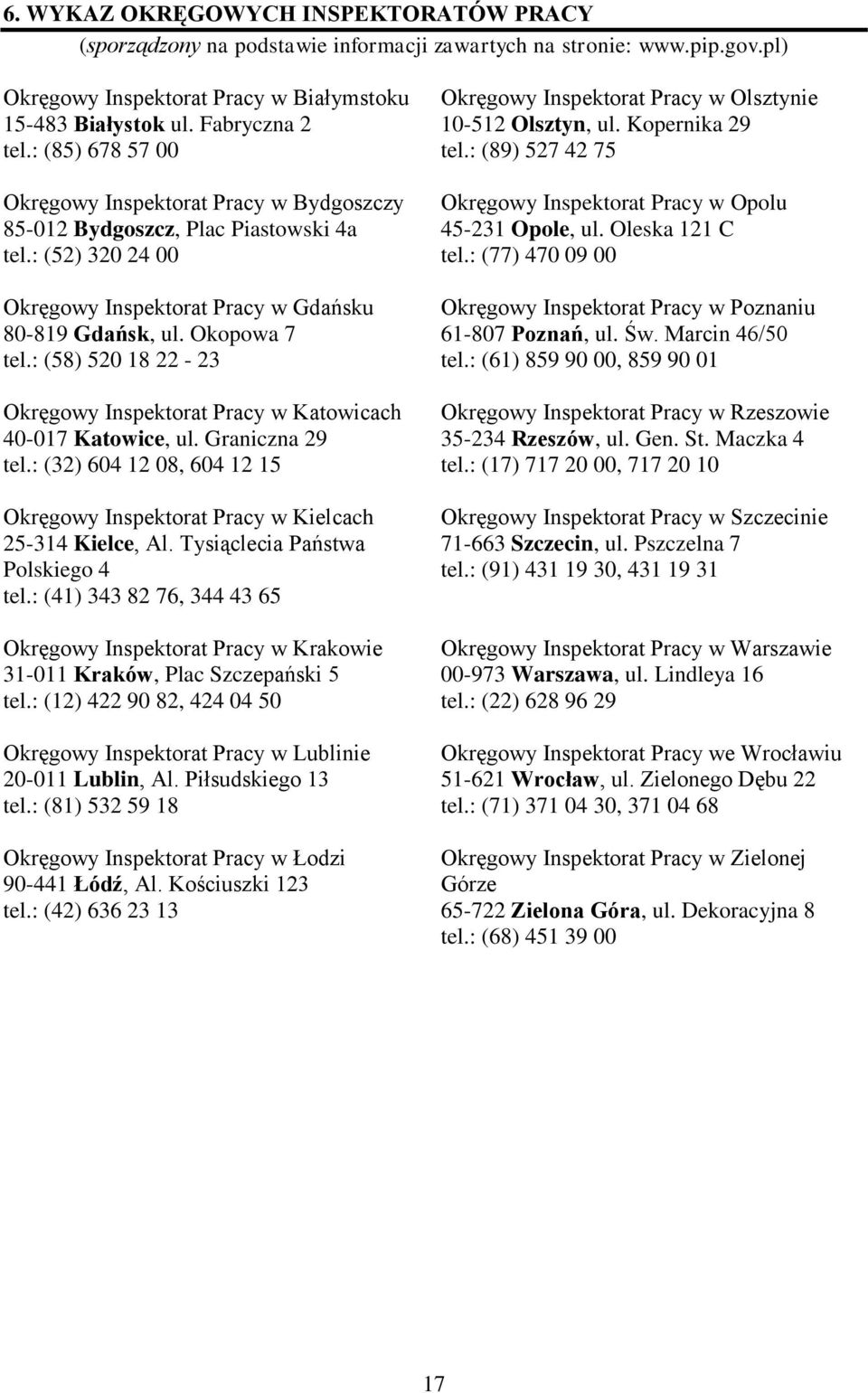 : (58) 520 18 22-23 Okręgowy Inspektorat Pracy w Katowicach 40-017 Katowice, ul. Graniczna 29 tel.: (32) 604 12 08, 604 12 15 Okręgowy Inspektorat Pracy w Kielcach 25-314 Kielce, Al.