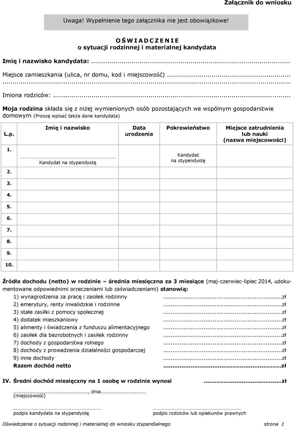 .. Moja rodzina składa się z niżej wymienionych osób pozostających we wspólnym gospodarstwie domowym (Proszę wpisać także dane kandydata) L.p. Imię i nazwisko Data urodzenia Pokrewieństwo Miejsce zatrudnienia lub nauki (nazwa miejscowości) 1.